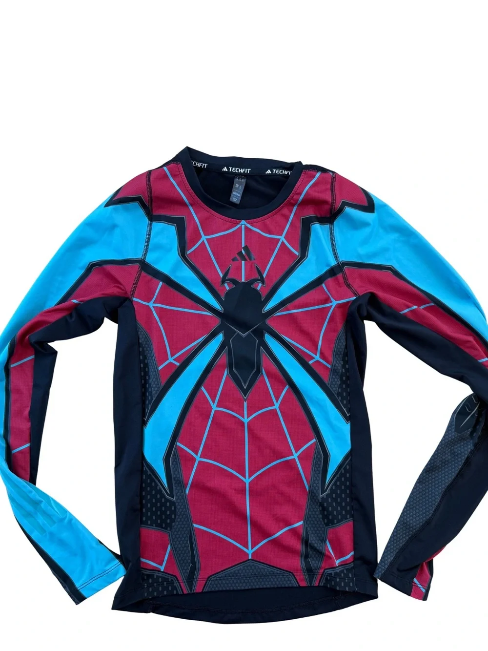 Adidas Techfit Spider-Man long sleeve top with red, black, and light blue Spider